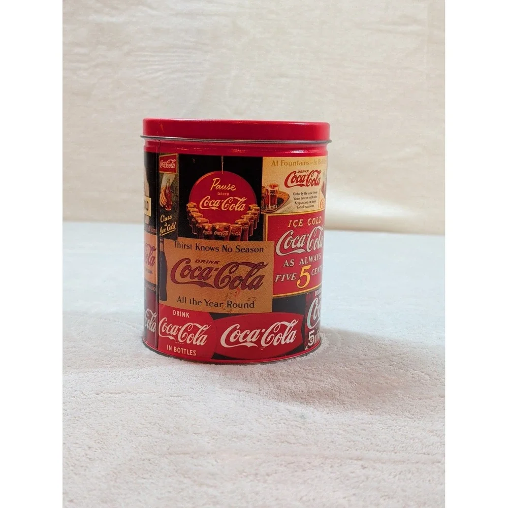 Vtg 1993‎ Coca-Cola Advertising Collage Tin Canister Red Lid 6 Inch Collectible